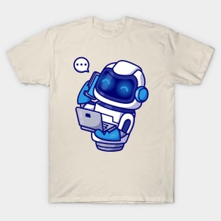 Cute Robot Holding Phone With Laptop Cartoon T-Shirt